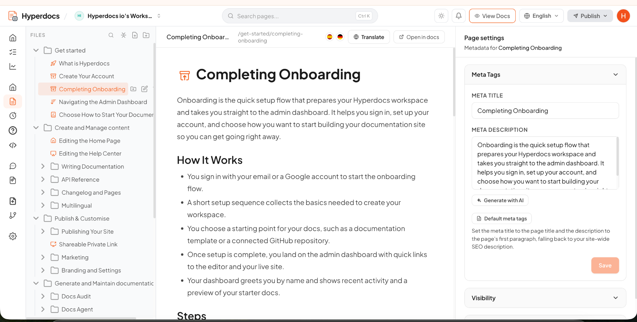 Hyperdocs page editor with navigation and metadata controls