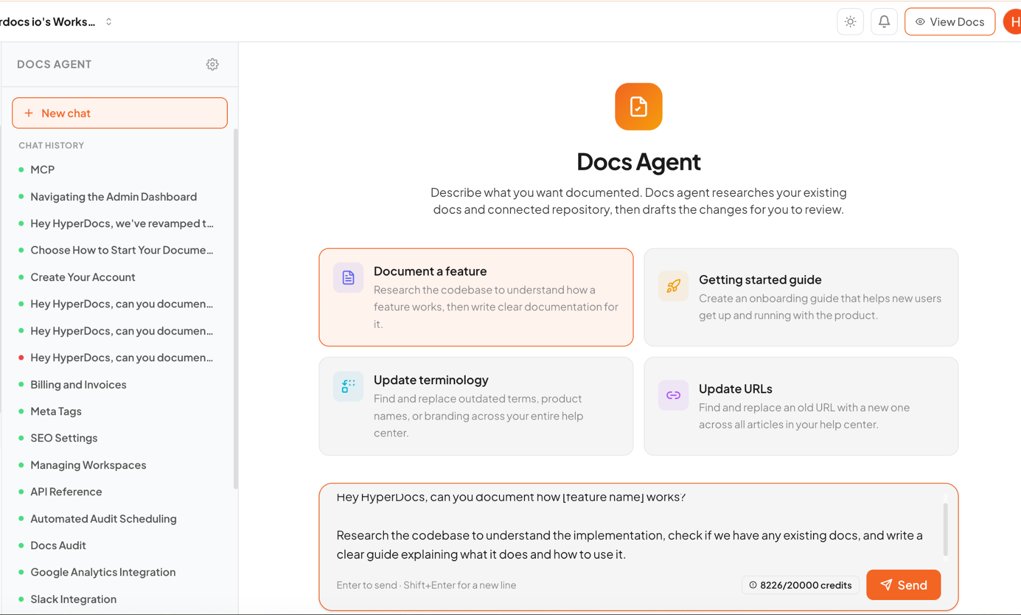 Hyperdocs Docs Agent with writing tasks, chat history, and prompt editor