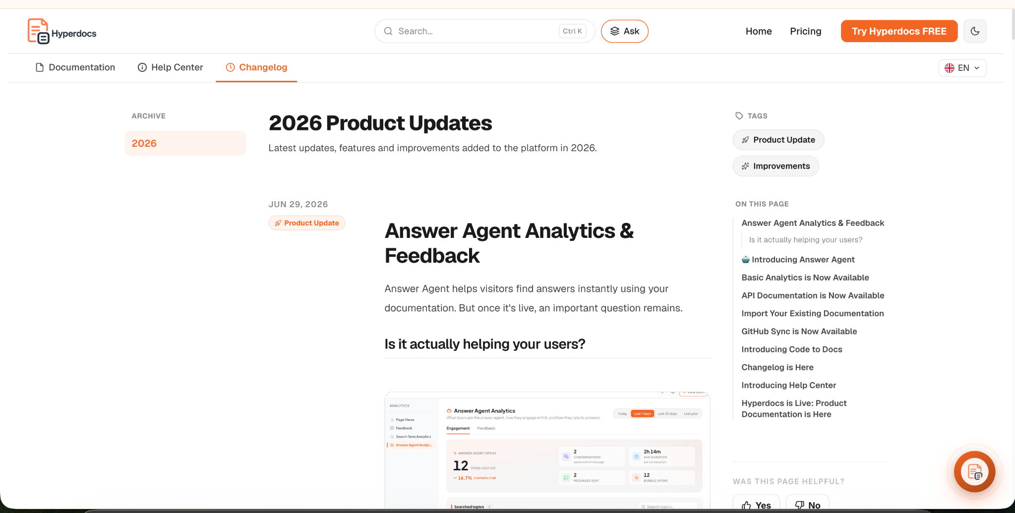 Hyperdocs changelog with product update article