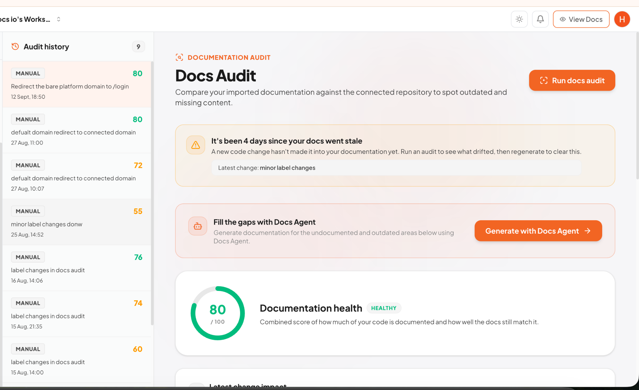 Hyperdocs Docs Audit showing documentation health and audit history