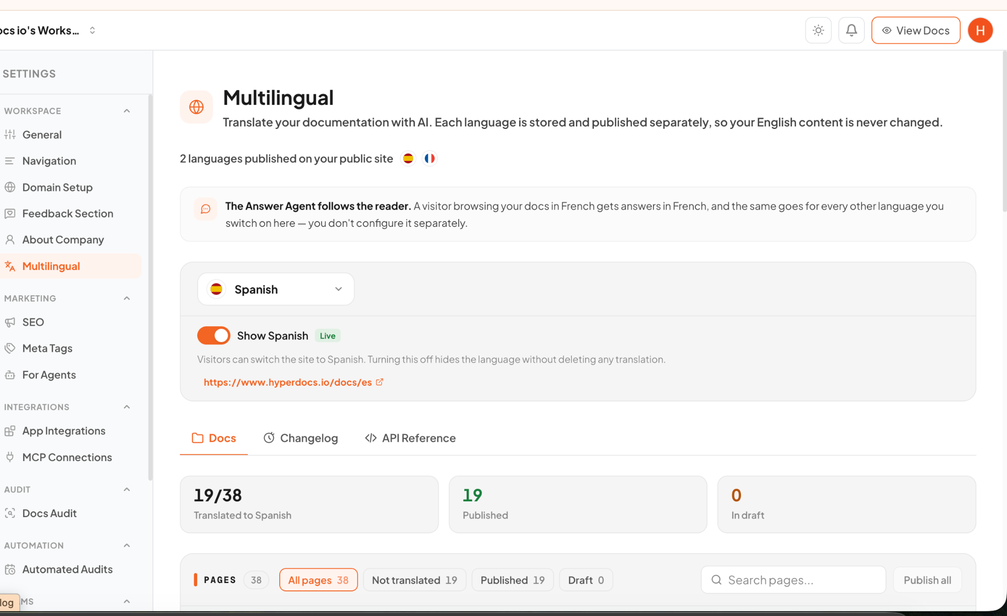 Hyperdocs multilingual settings showing published languages and translation progress